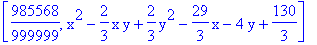 [985568/999999, x^2-2/3*x*y+2/3*y^2-29/3*x-4*y+130/3]